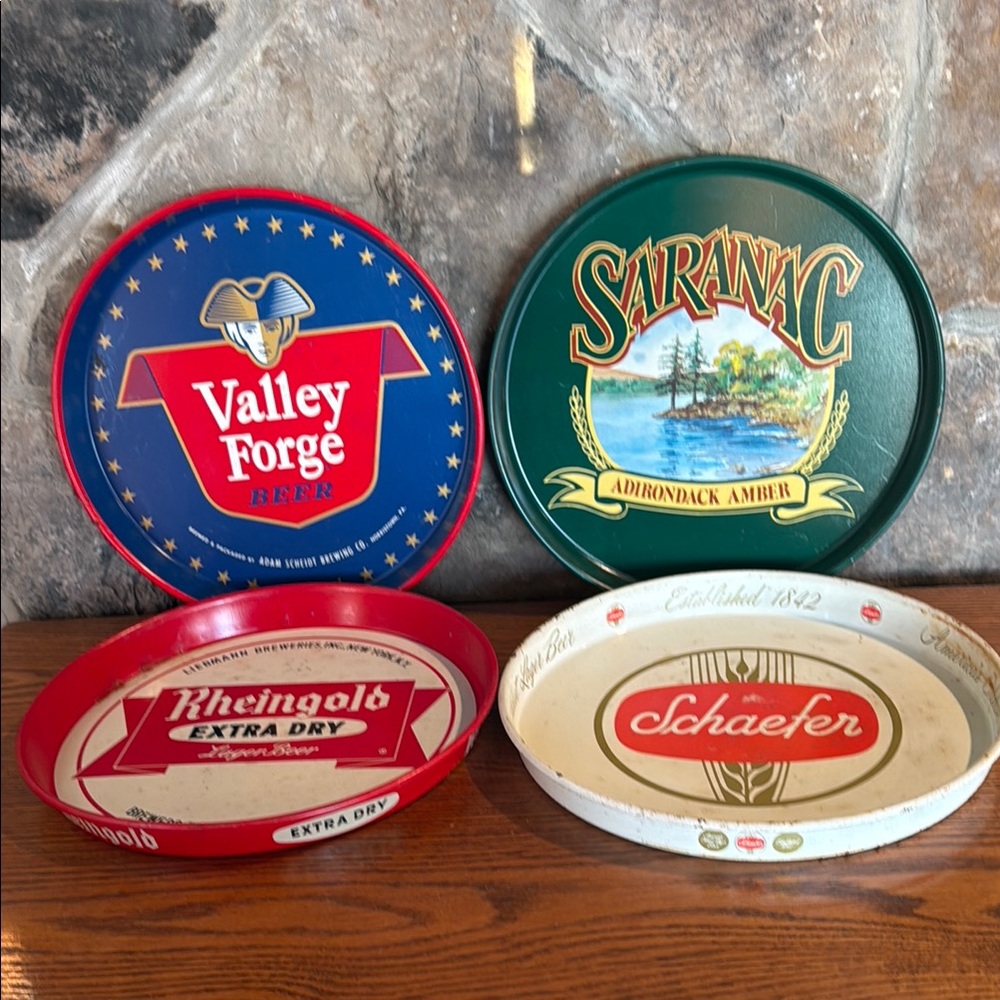 Lot of 4 vintage beer trays! Valley Forge, Schaefer, Rheingold, & Saranac.